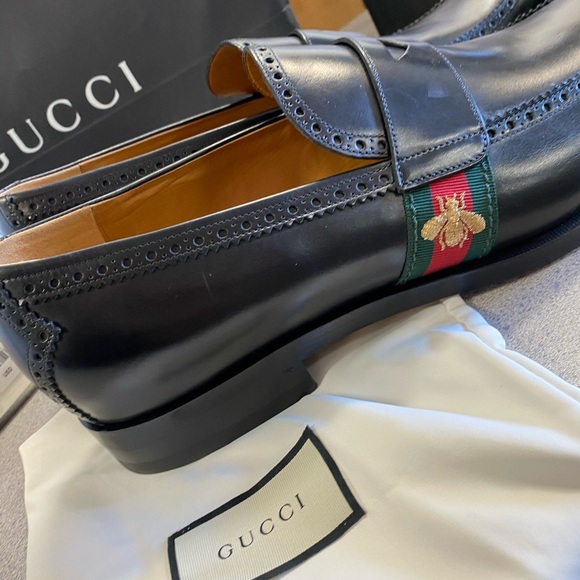 Gucci Mens Calfskin Web Bee Spirit Black Loafers - Picture 9 of 10